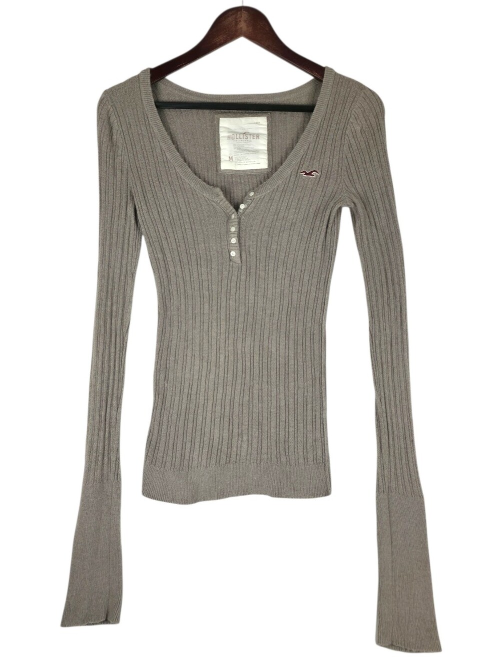 Vintage Y2K Hollister Rabbit Hair Mushroom V-Neck Henley Sweater Long Sleeves M